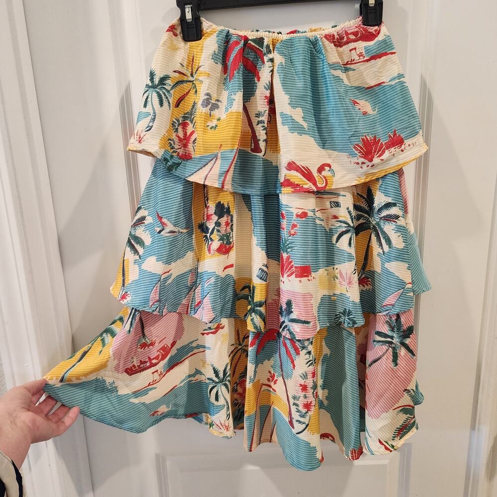 Resort Wear Tiered Tropical Print Midi Skirt by True Destinations Flowing Skirt